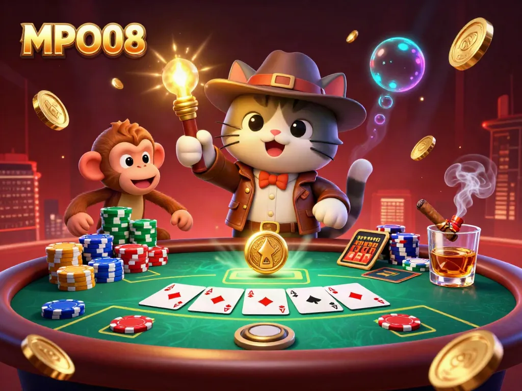 MPO08 showcases vibrant live casino elements with a playful archaeologist cat discovering treasures.