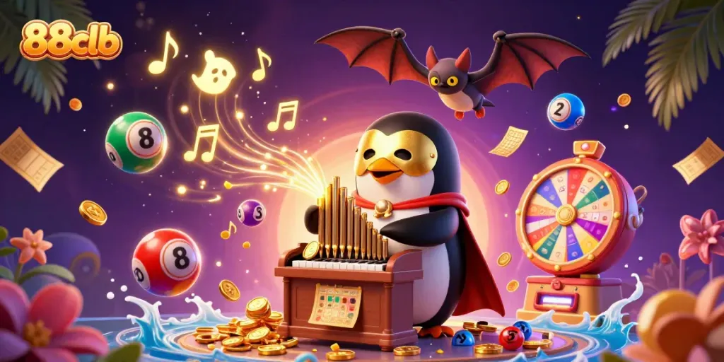 Engage with exciting 88clb casino adventures as the phantom opera penguin and bat acrobat entertain with golden coins and vibrant lottery elements.