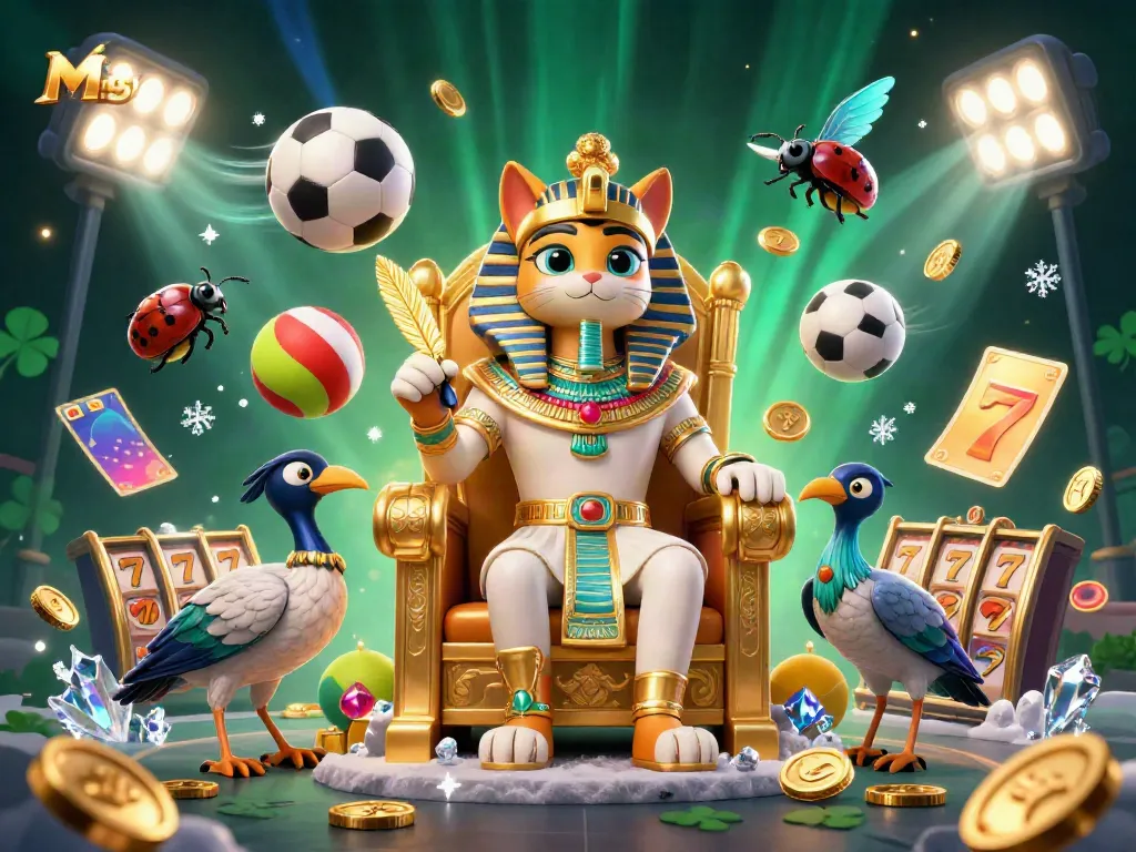 Engage with M159 in an exciting casino scene featuring a pharaoh cat, sports elements, and dynamic game symbols.