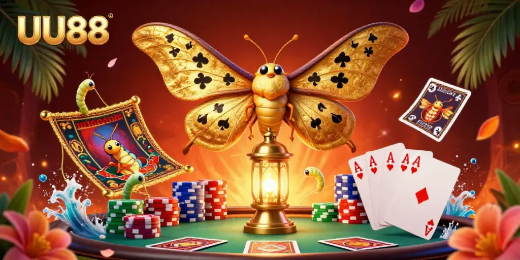 Engage with the vibrant world of UU88 as a 3D moth illuminates casino scenes, showcasing poker and excitement.