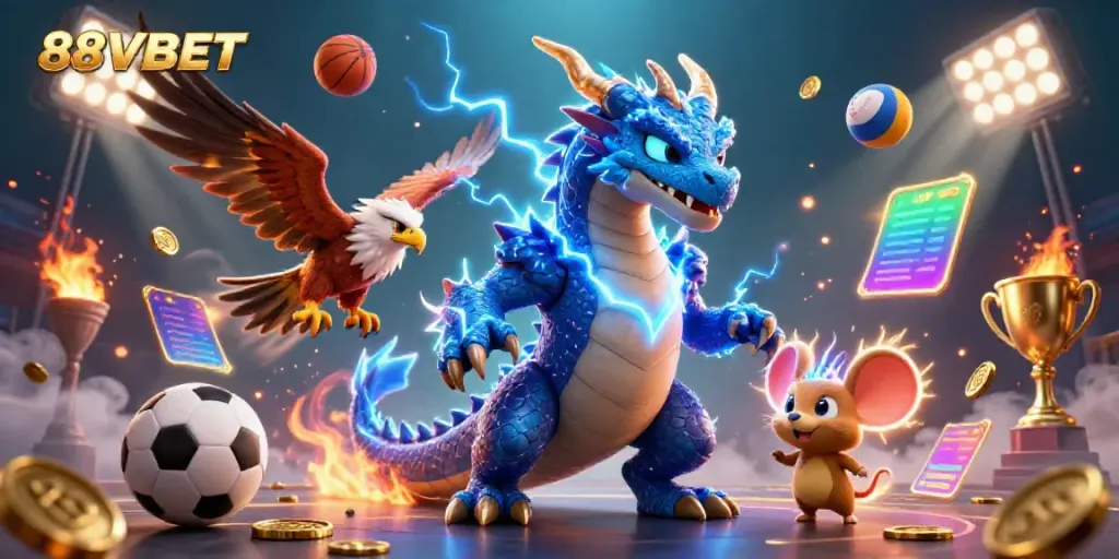 88VBET showcases dynamic sports elements and characters in an electrifying cartoon scene.