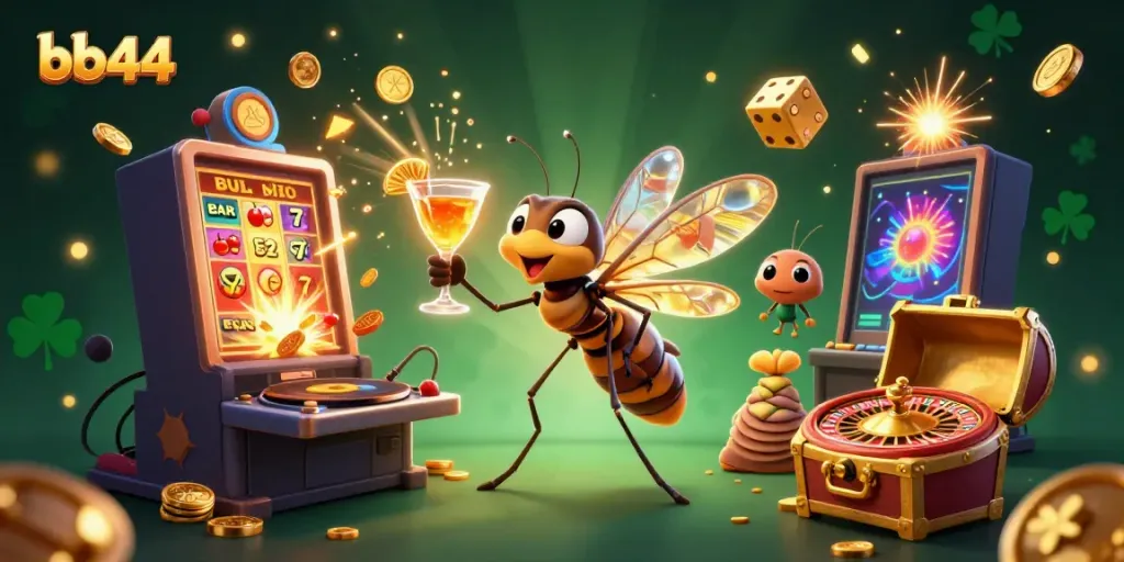 Engage in thrilling gameplay with bb44, featuring a vibrant casino mascot and dazzling game elements.