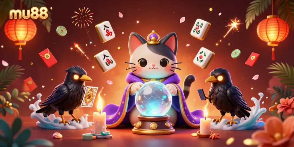 Join the excitement with mu88, featuring a mystical casino scene with vibrant characters and dynamic game elements.
