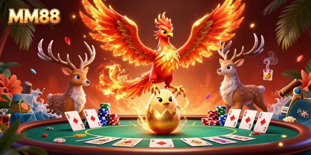 Engage with MM88 gaming magic alongside fire phoenix and poker elements in a vibrant casino scene.