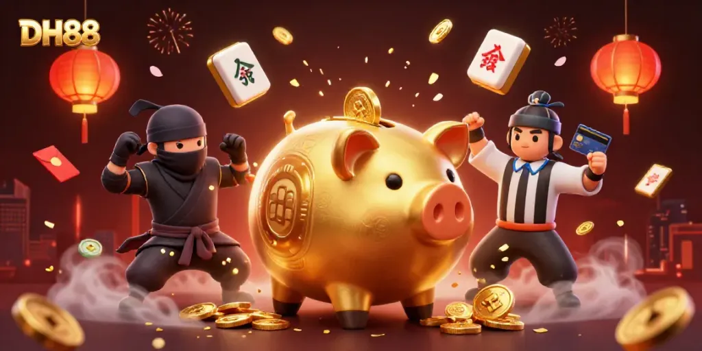 Experience thrilling gameplay with DH88's extravagant dynamic casino scene featuring energetic characters and festive elements.