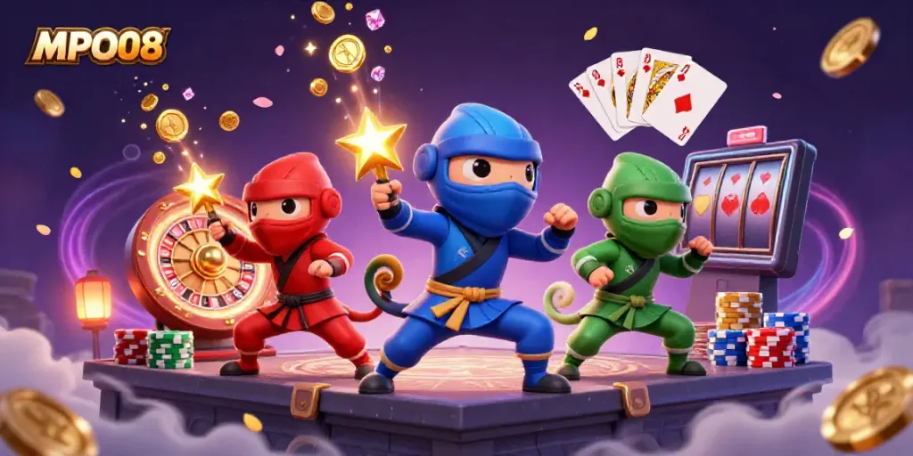 Engage with thrilling action at MPO08, featuring ninjas amidst coins and games of chance.