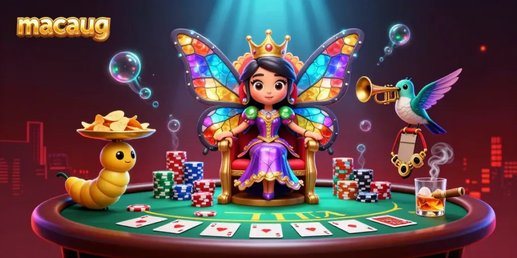 Experience macaugg excitement with a vibrant butterfly queen and high-stakes poker scene.