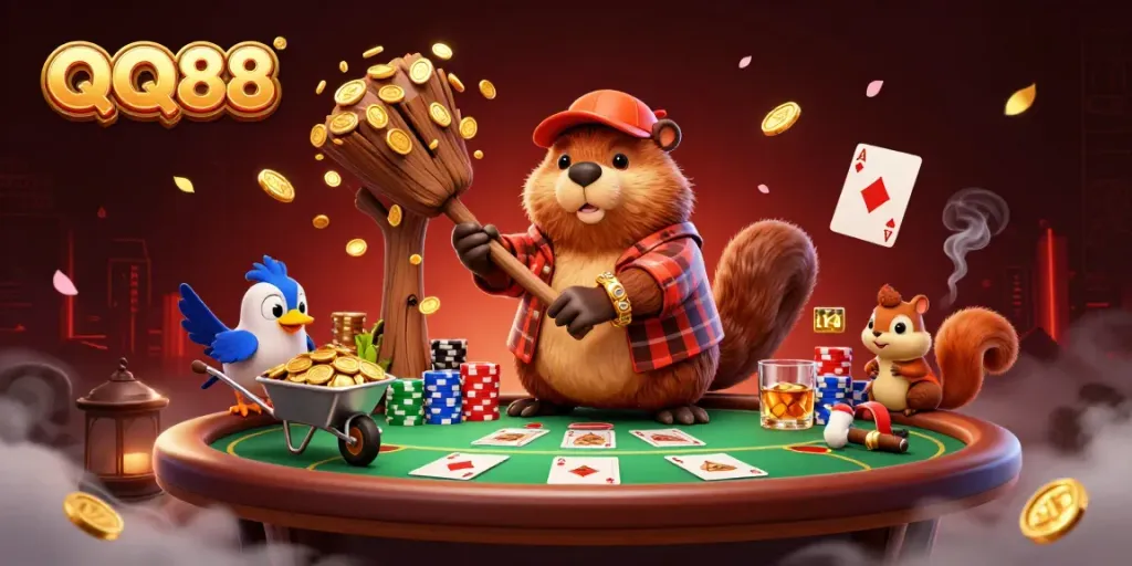 Experience thrilling gameplay with QQ88's lively characters amid a vibrant casino scene.