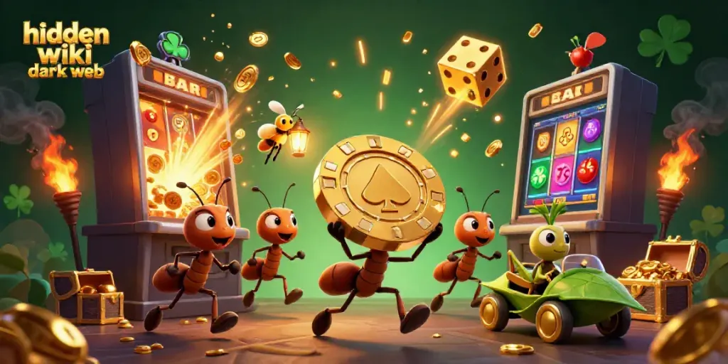 Engaging 3D scene depicting hidden wiki dark web heist with cartoon ants, golden poker chip, and casino elements