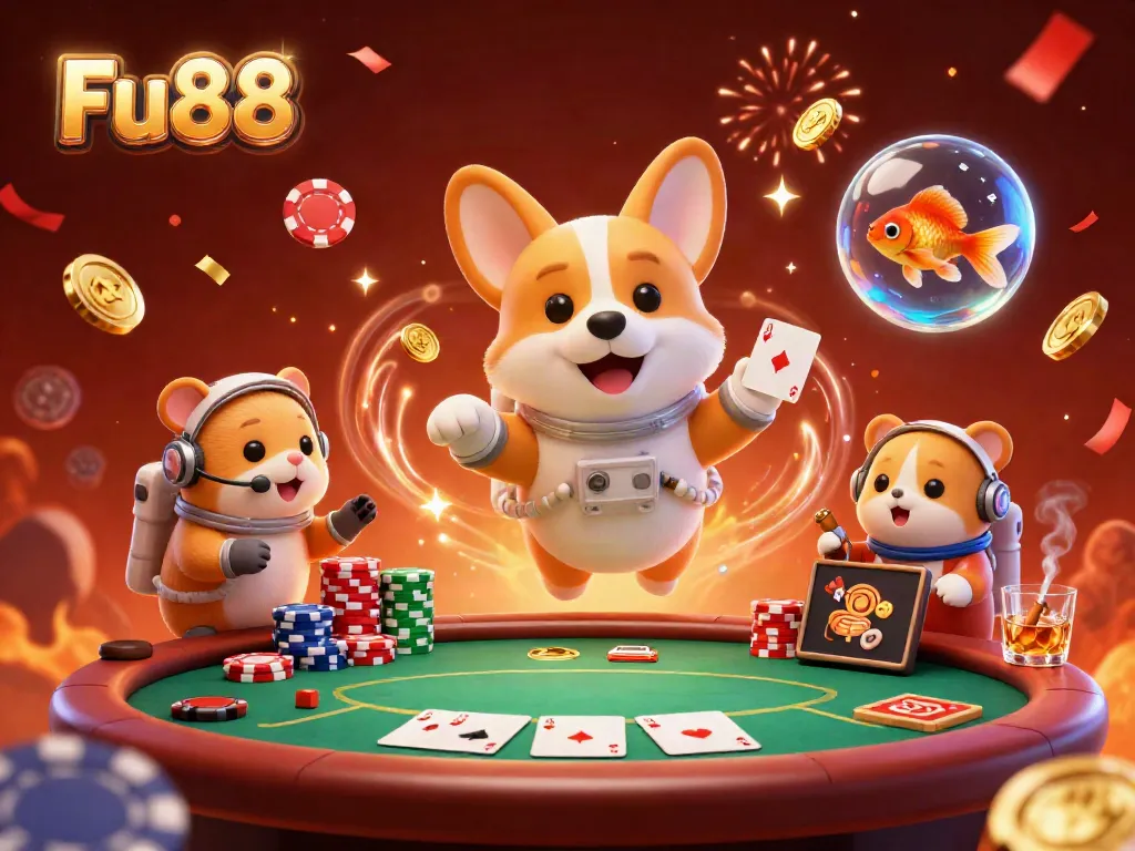 Experience the excitement of Fu88 in a dynamic 3D casino scene with lively characters and floating poker elements.