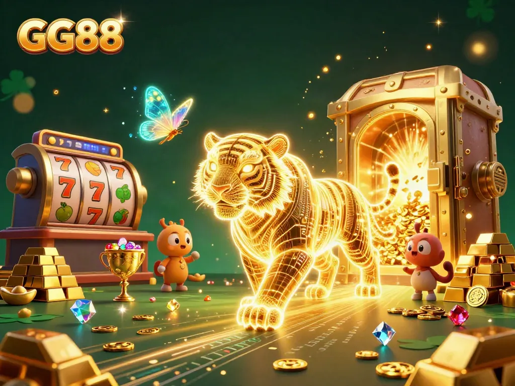 Experience thrilling gaming at GG88 with a neon golden tiger and bountiful treasures.