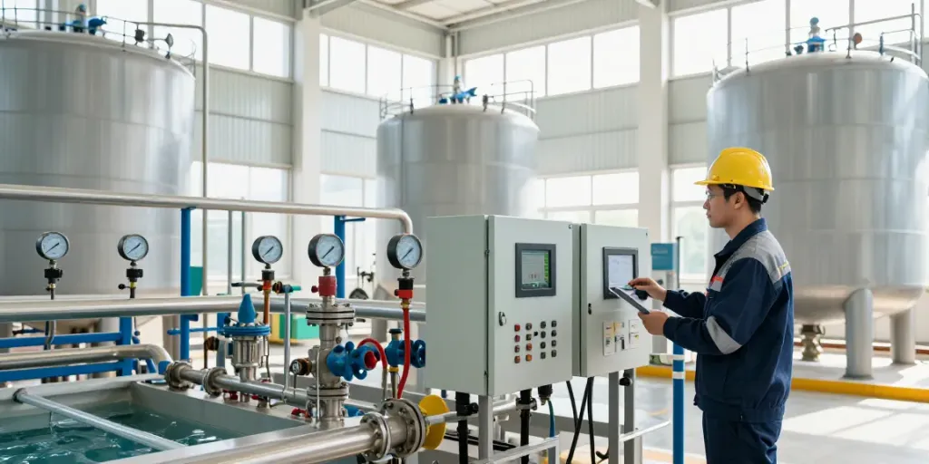 Water Treatment Equipment Manufacturer inspecting modern filtration systems in an industrial facility.
