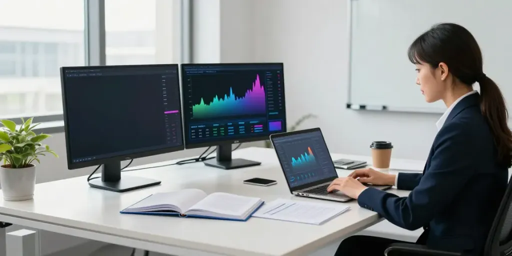 Businesswoman using laptop in modern office for bpi net empresas finance management.