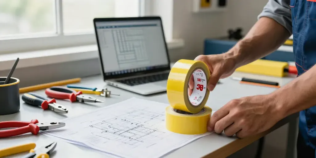 Technician using 3M Super33 electrical tape in a professional workspace.