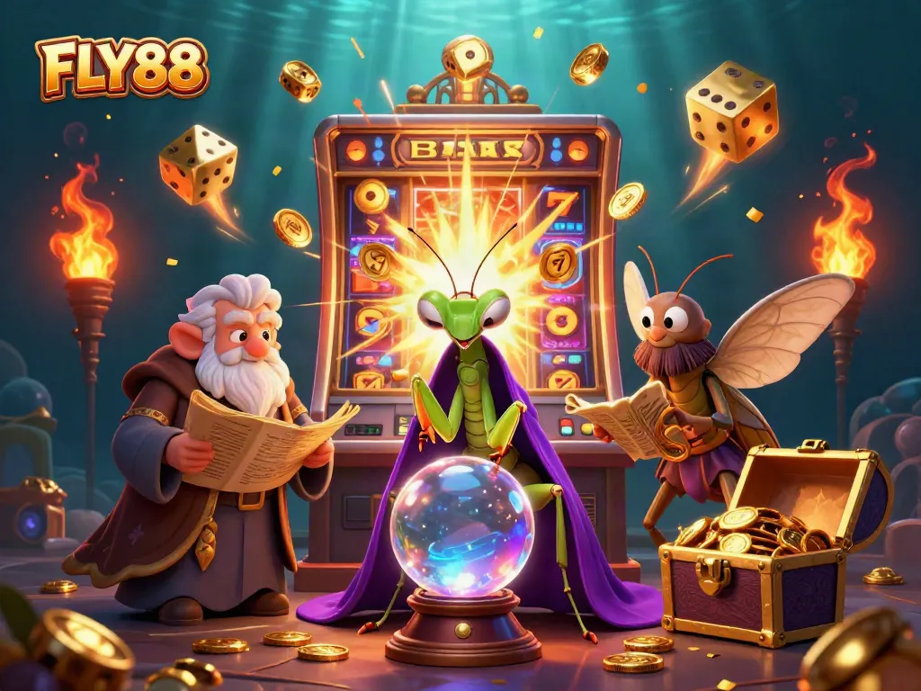 FLY88 summons excitement with a vibrant casino scene featuring luck-driven characters and explosive jackpots.