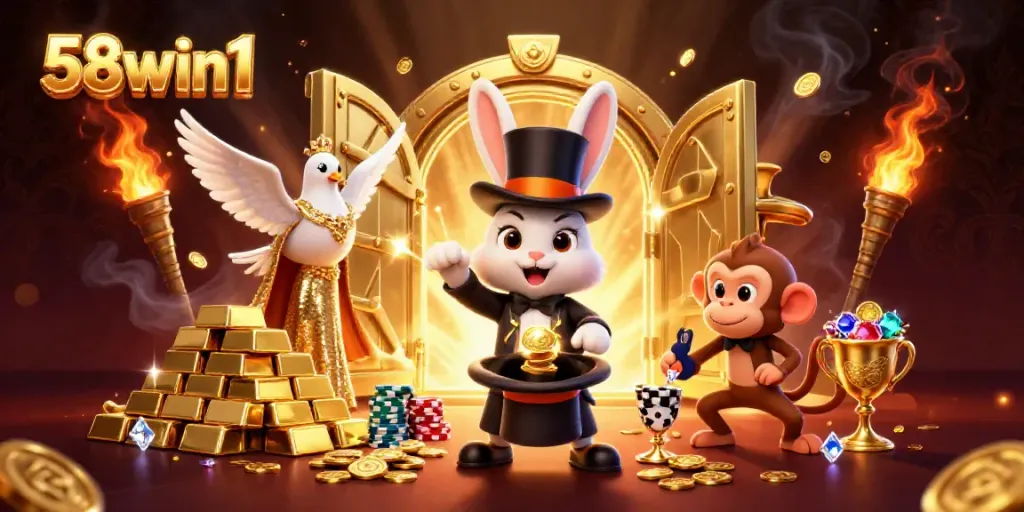 Experience the thrills of 58win1 with a dynamic casino scene featuring magical characters and treasure.