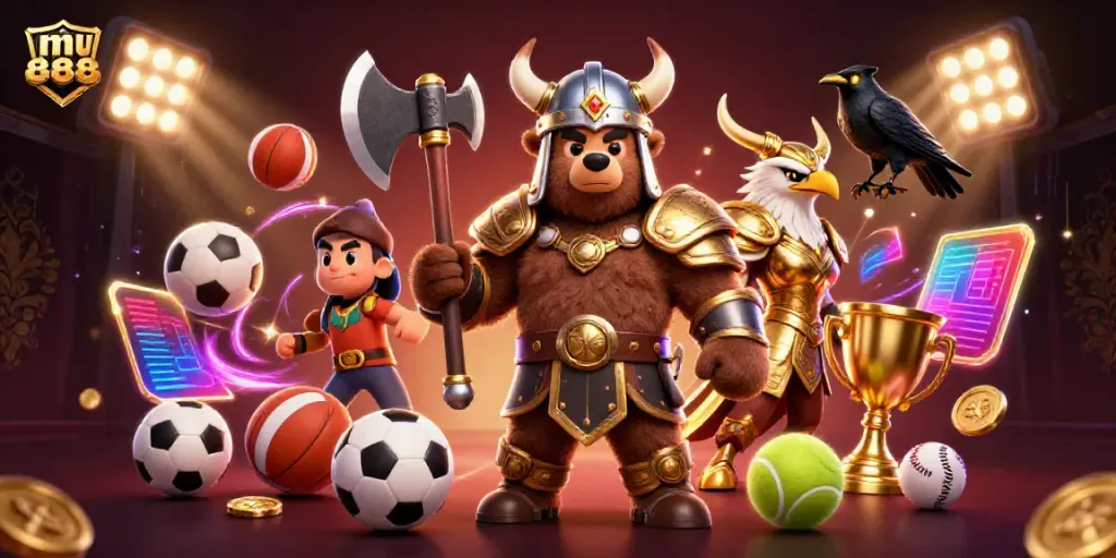 Catch the action at mu88 with a captivating scene featuring a Viking bear and Valkyrie eagle in a vibrant casino.
