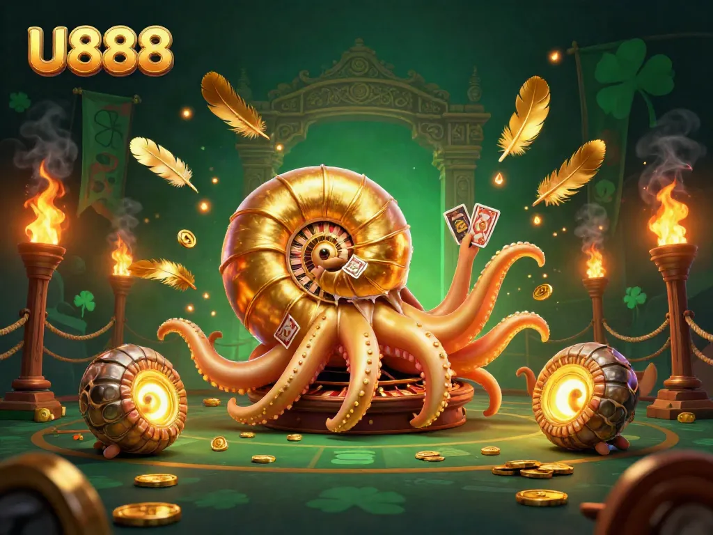 Experience U888 with an ancient nautilus roulette wheel, glowing ammonites, and dynamic casino elements.
