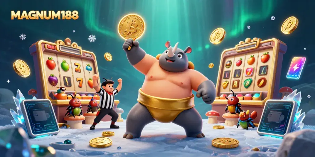 Experience thrilling jackpots with MAGNUM188 in a vibrant casino environment featuring dynamic characters.