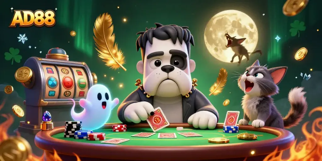 AD88 Frankenstein bulldog monster dealing cards at a spooky casino table with ghost mouse.