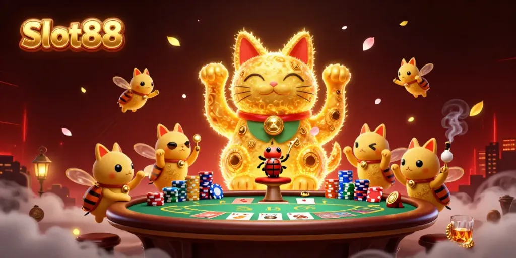 Slot88 showcases a vibrant scene featuring a lucky cat and poker elements, embodying casino excitement.
