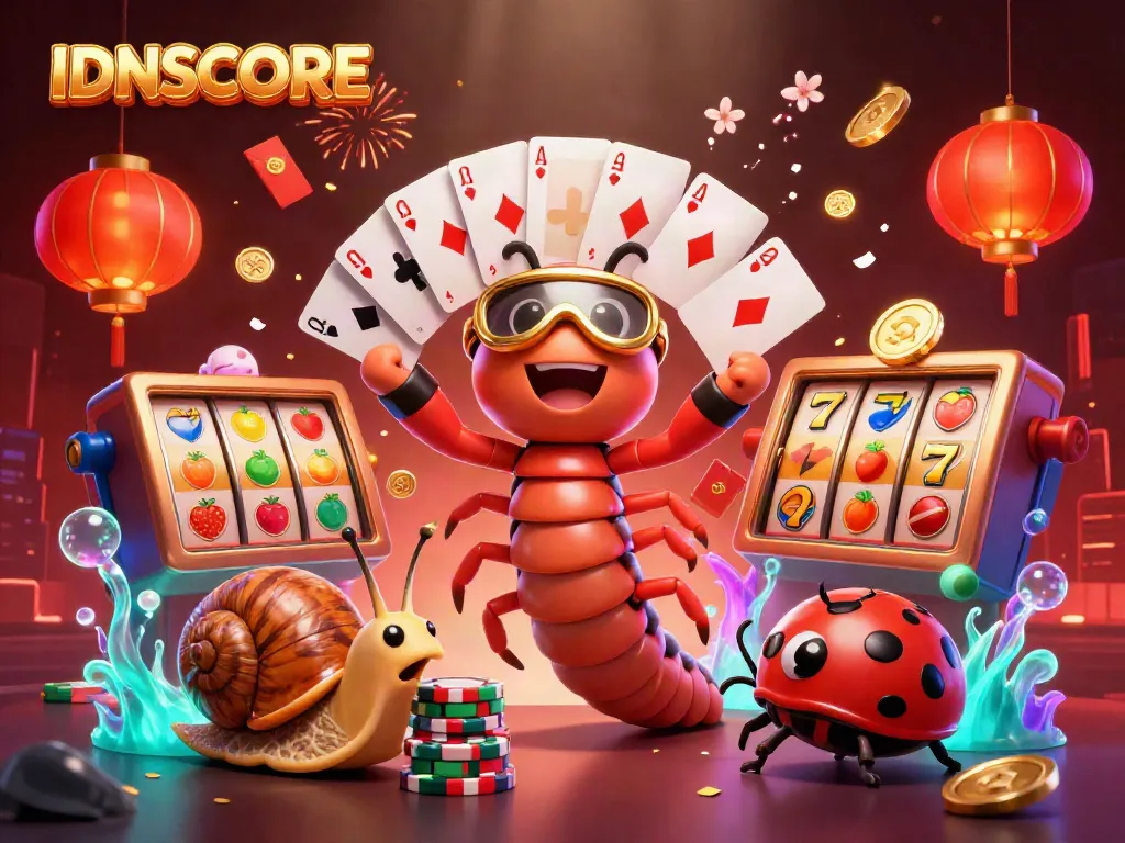 Experience the excitement of IDNSCORE with animated characters and slot game elements in a vibrant casino environment.