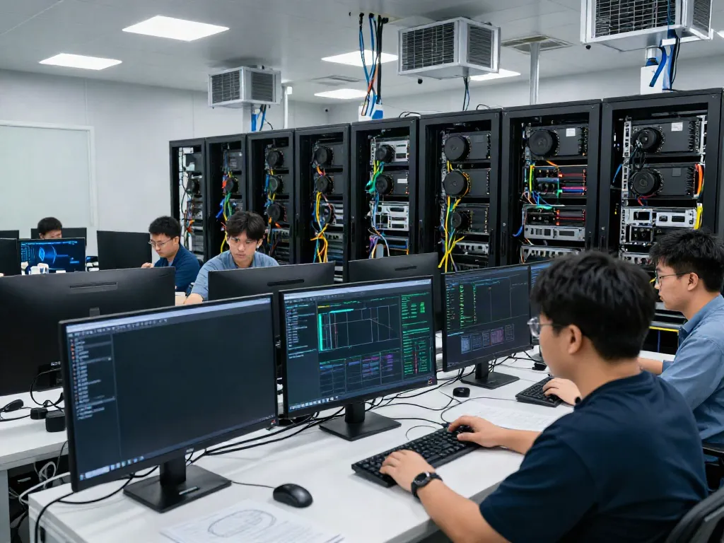 Advanced AI data center with GPUs and technicians monitoring systems, ensuring efficient power use and data analytics.