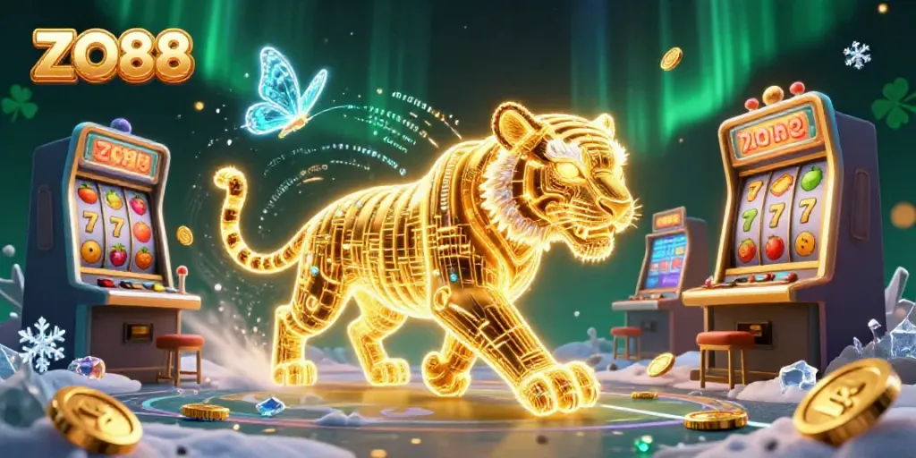 Engage in thrilling gameplay at ZO88 with a vibrant digital casino filled with neon energy and slot machines.
