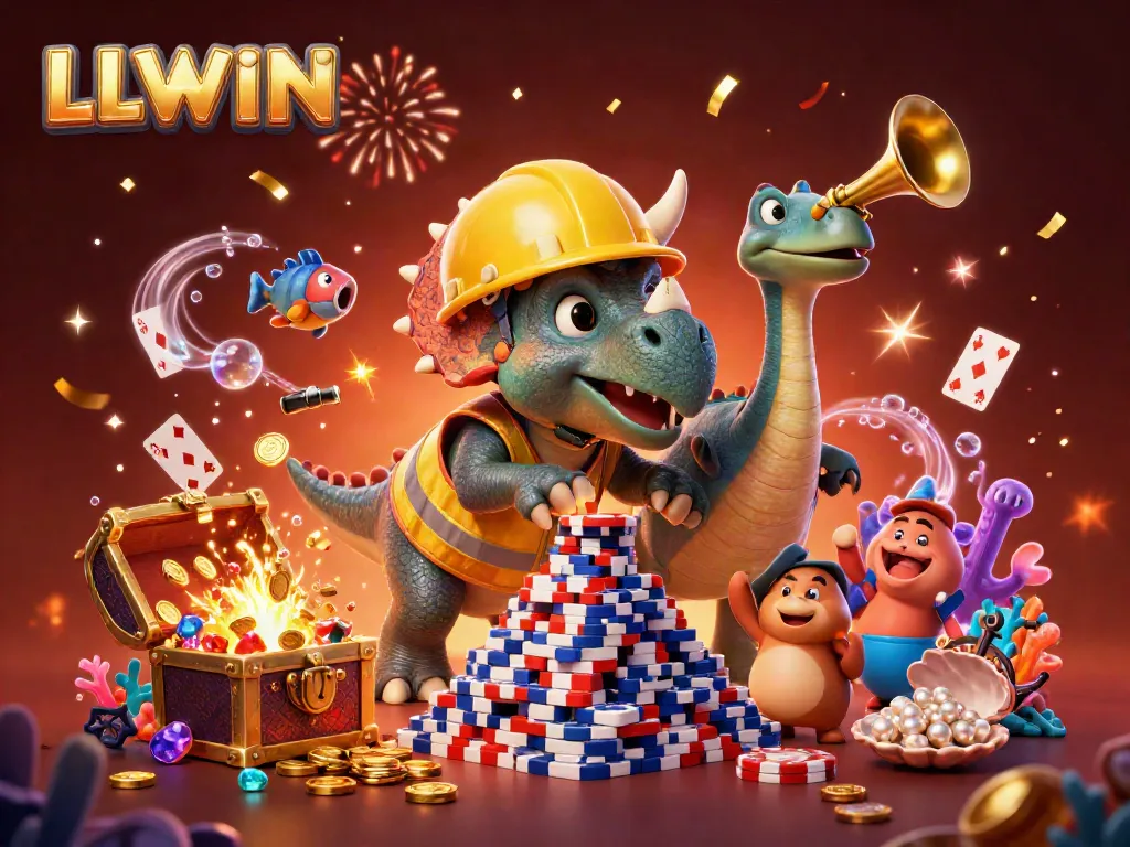Join LLWIN's interactive celebration with a triceratops, parasaurolophus, and cheering compys amid a vibrant casino atmosphere.