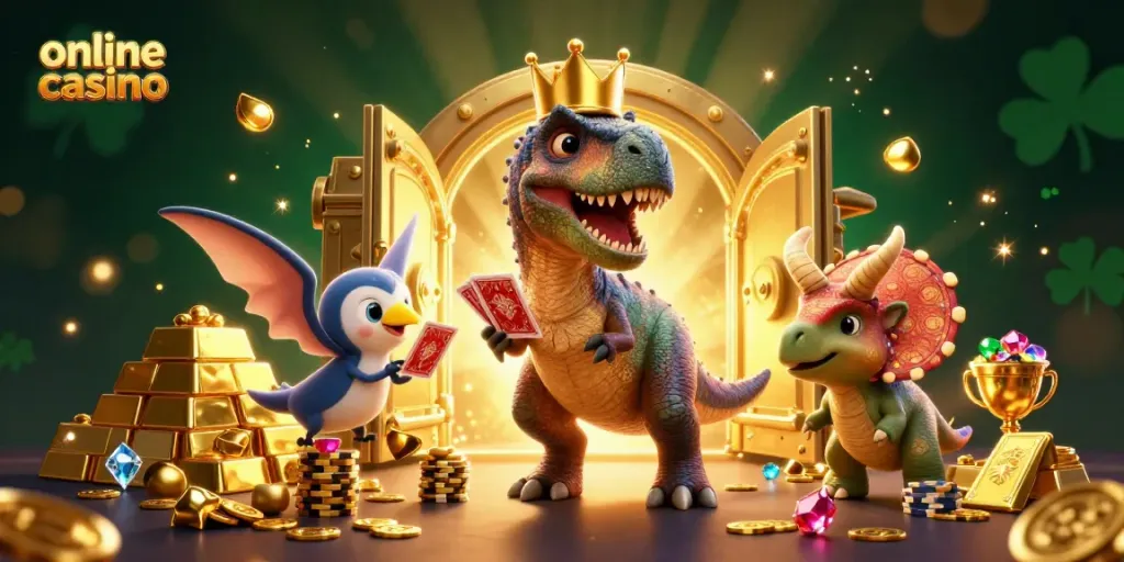 Experience a vibrant online casino scene with a T-Rex card dealer and treasure effects.