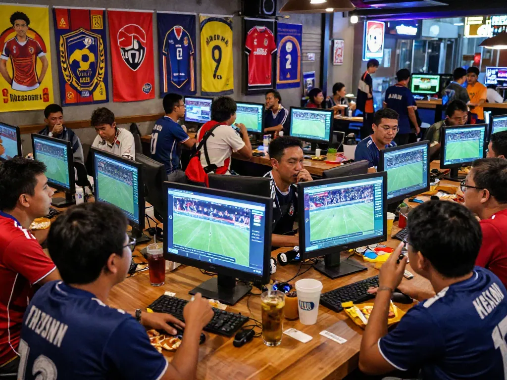 Fans celebrating ข่าวฟุตบอลไทย in a lively sports bar during transfer updates.