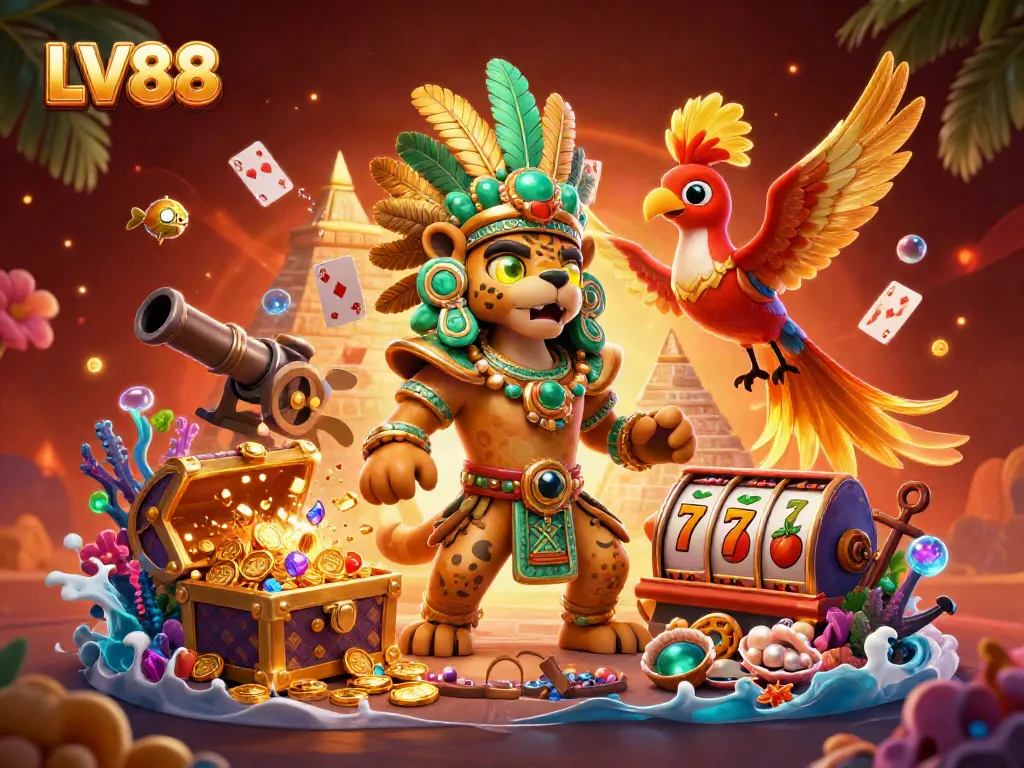 Experience the thrill of LV88 with a vibrant 3D scene featuring a Mayan jaguar priest amidst dazzling casino elements.