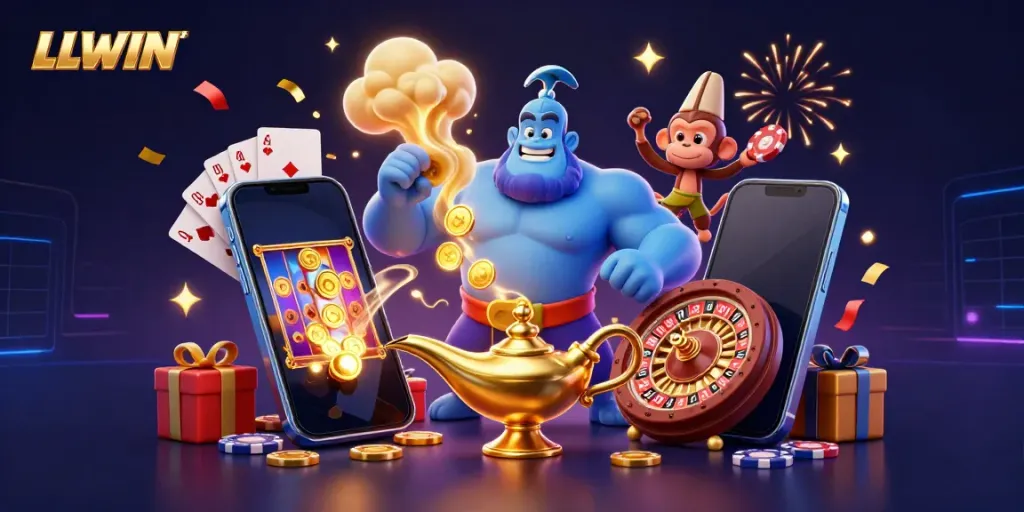 Experience winning action at LLWIN with a vibrant illustration of a genie, monkey, and poker chips.