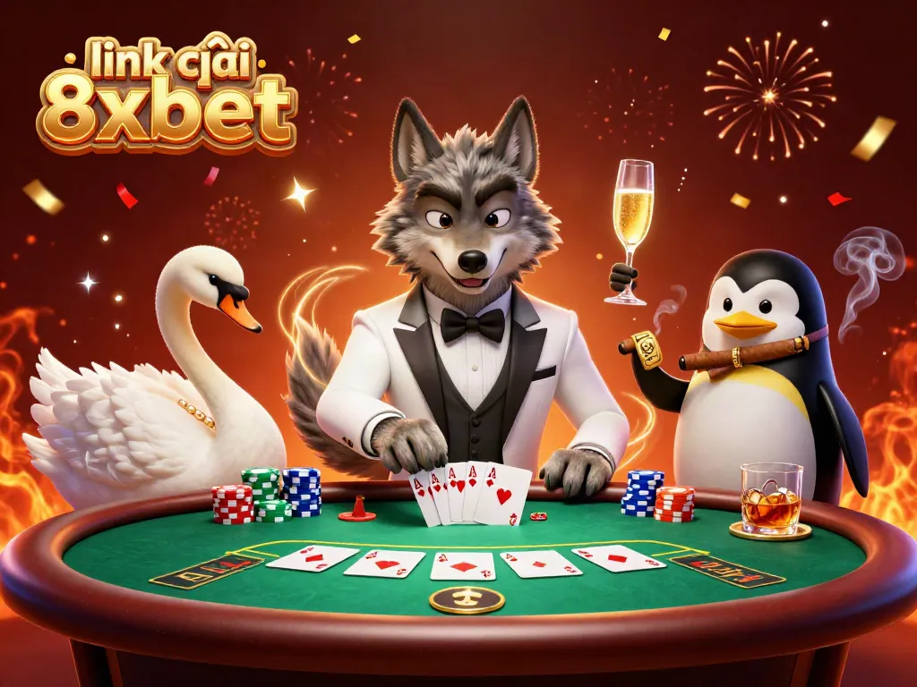 Experience the thrill and elegance in gambling with the wolf, swan, and penguin in a casino scene, link vào 8xbet