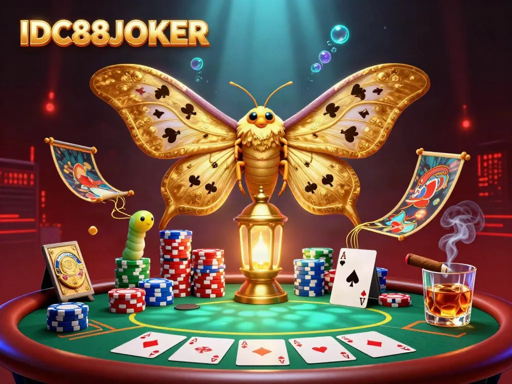 Engaging IDC88JOKER 3D illustration showcasing an atlas moth and casino elements, inviting expert gamblers.