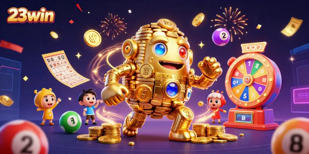 Watch the golden golem of 23win spins its jackpot wins surrounded by colorful lottery elements in 3D.