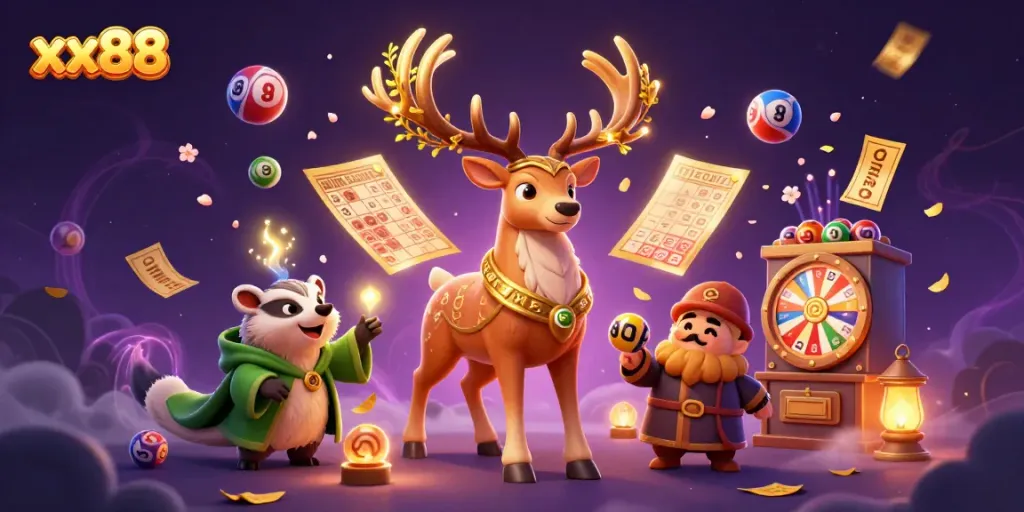 Win big at xx88 with colorful lottery balls and magical characters in a vibrant casino scene.