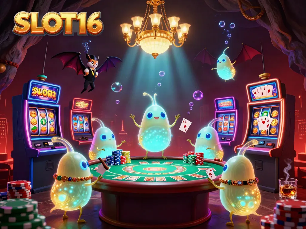 Lighting up the vibrant cavern casino scene, Slot16 reveals colorful slot machines and casino action.
