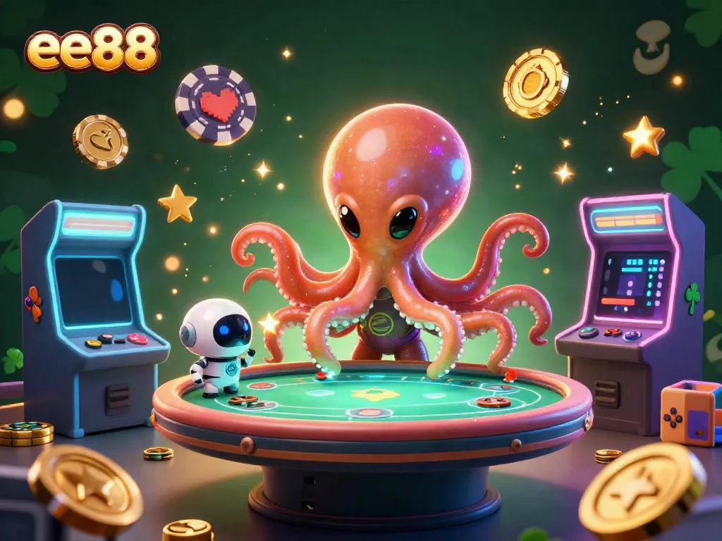 Experience thrilling gameplay at ee88 with a vibrant alien octopus and poker action surrounded by gaming elements.
