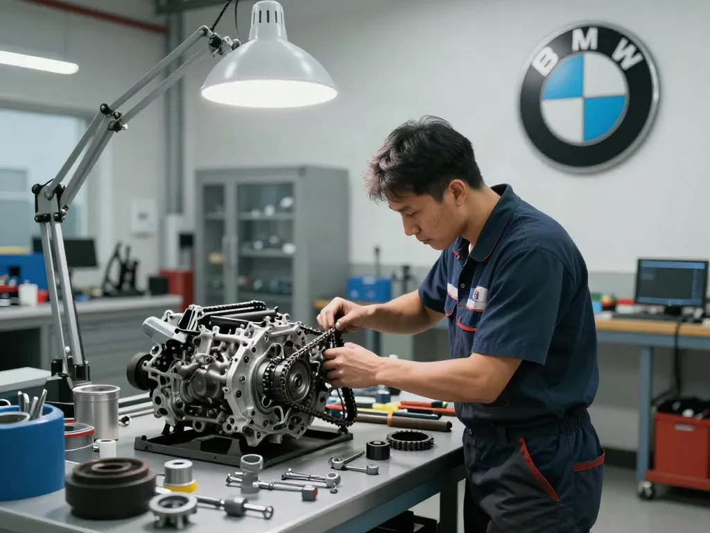Mechaniker beim BMW Steuerkette wechseln in professioneller Werkstatt, präzise Arbeit mit Werkzeugen.