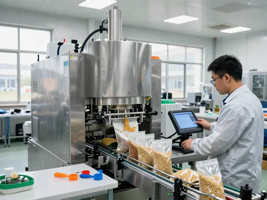Open mouth bag filling machine in a busy industrial setting, showcasing efficient grain filling process.