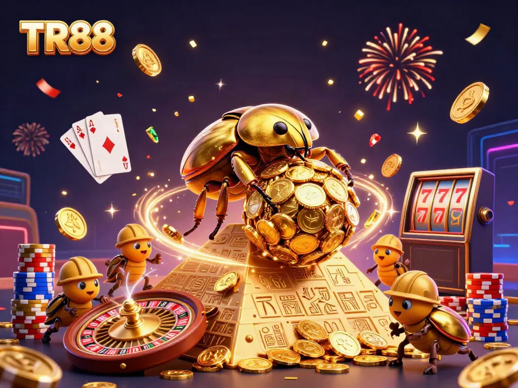 Experience TR88 at its finest with golden beetles rolling coins in a dynamic casino scene.