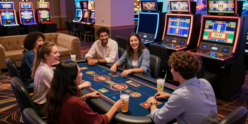 Exciting scene at a non GamStop casino showing friends enjoying games together.