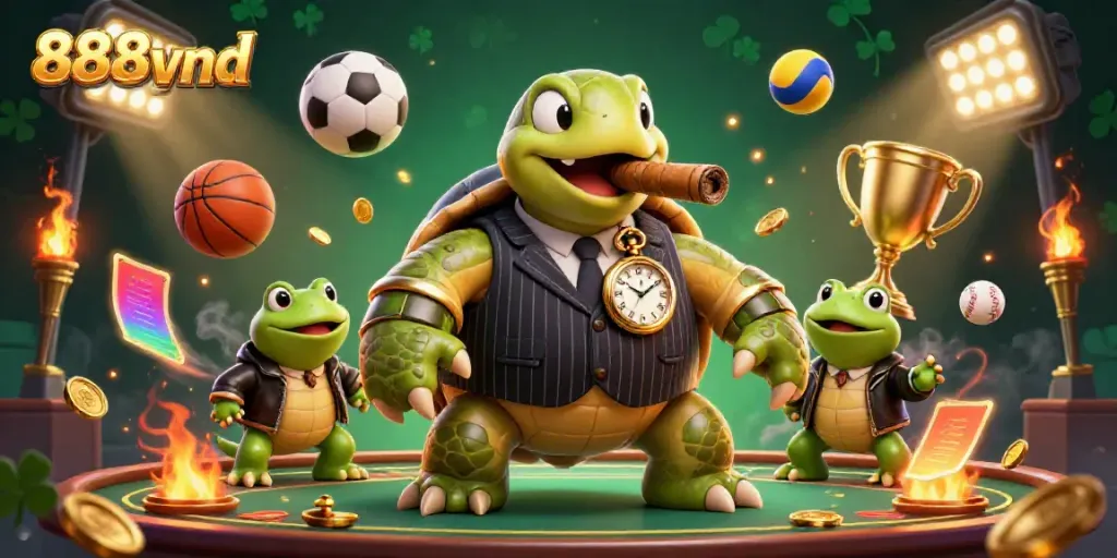 Engaging scene of a snapping turtle in a mobster suit with bullfrog enforcers, celebrating casino wins at 888vnd.